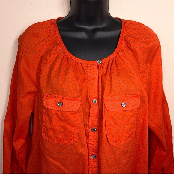 Petite Large Ann Taylor Loft Red Orange Blue Dot Print Blouse Peasant Top - Picture 4 of 12